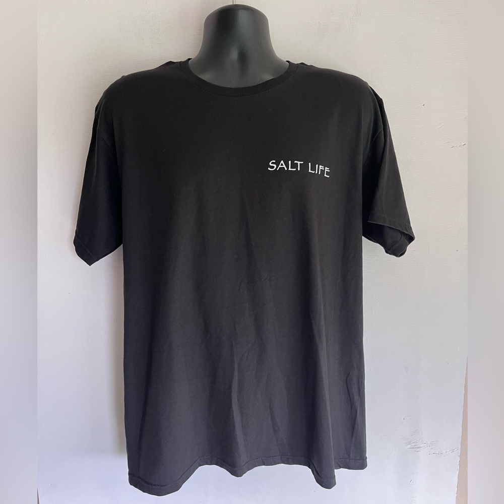Salt Life Black Men's T-Shirt with white logo and graphics on front and back.